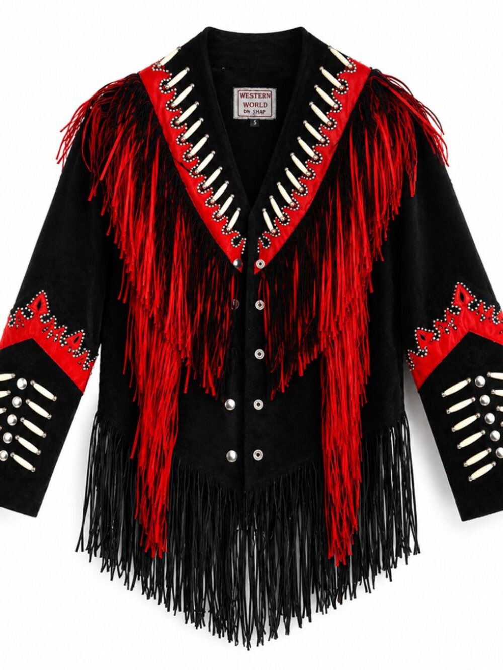 Western World Women's Western Fringe Show Jacket Black Red Studded Size S